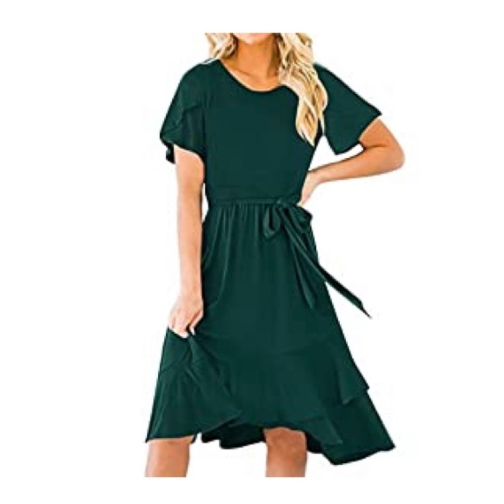 *NWT* Summer Crew Neck Short Sleeve Wrap Ruffle Casual Swing Dress - Green